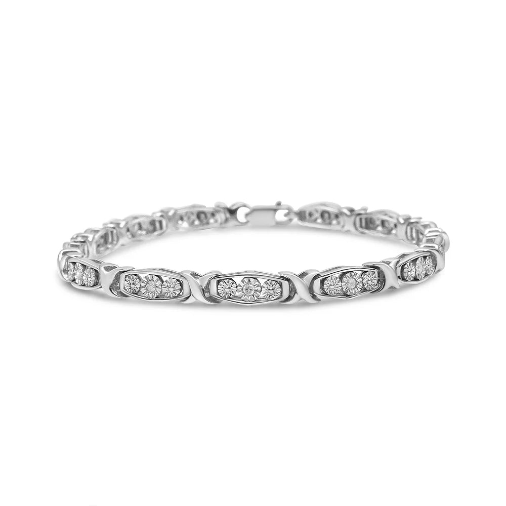 .925 Sterling Silver 1/10 Cttw Diamond Miracle Set 3 Stone Link Bracelet (I-J Color, I2-I3 premium) - 7.25" Inches